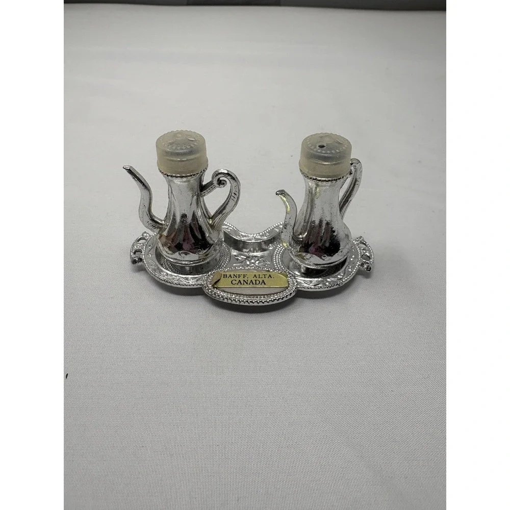 Vintage Silver Teapot Salt and Pepper Shakers with Tray Metal Canada MCM Travel